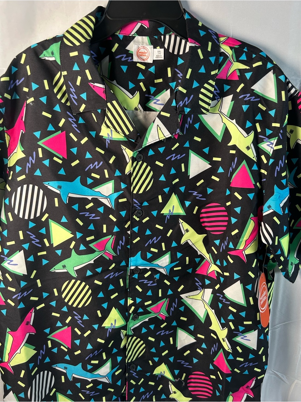 Boy’s Black Short-Sleeve Button Shirt with Neon Shark Print